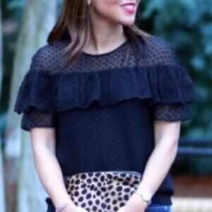 J. Crew Top Women's Size XS Black Flutter Sleeve Polka Dot Blouse